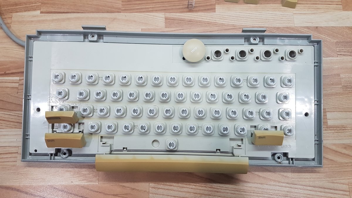 AndrewsTechBrk's tweet image. Yuck! Cleaning 35 years out of the XEGS keyboard. Next will be to see how some Sunbrighting helps with the keys yellowing.
#retrocomputing #atari #ataricomputer #atarixegs