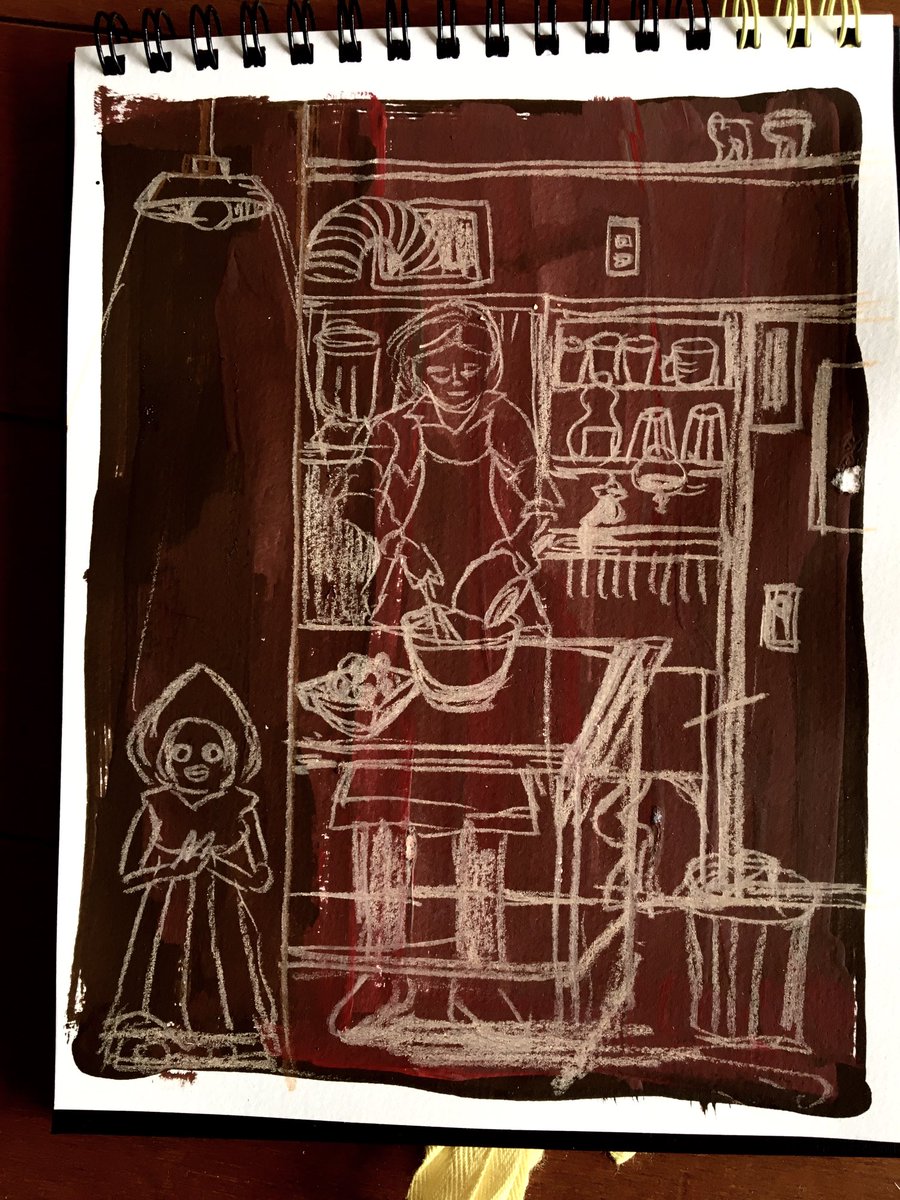 一週間に一枚絵を上げたいシリーズ下絵。ママさんが一人でこしらえている小さな手作りプリン工房に潜んでいる宇宙人。「一ツ食ベサセテクダサイ」の一言が言えなくて、2年(宇宙人時間では15分)経ったところ。 