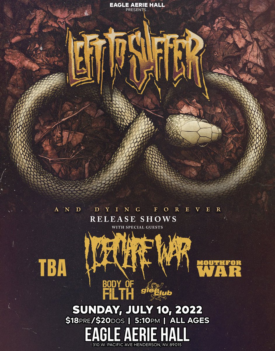 THEJEWISHKING's tweet photo. *NEW SHOW* *ON SALE NOW* Sunday July 10th at Eagle Aerie Hall w/ @LefttoSufferUS (EP RELEASE TOUR) / TBA / @ideclarewarband @mouthforwarco / Body Of Filth &amp; @GleeClubHC ! Tickets are $18 each and I Deliver 702-498-4488 or available online at https://t.co/r2CcFK1Cti !! Retweet https://t.co/uRl6mEjBT1