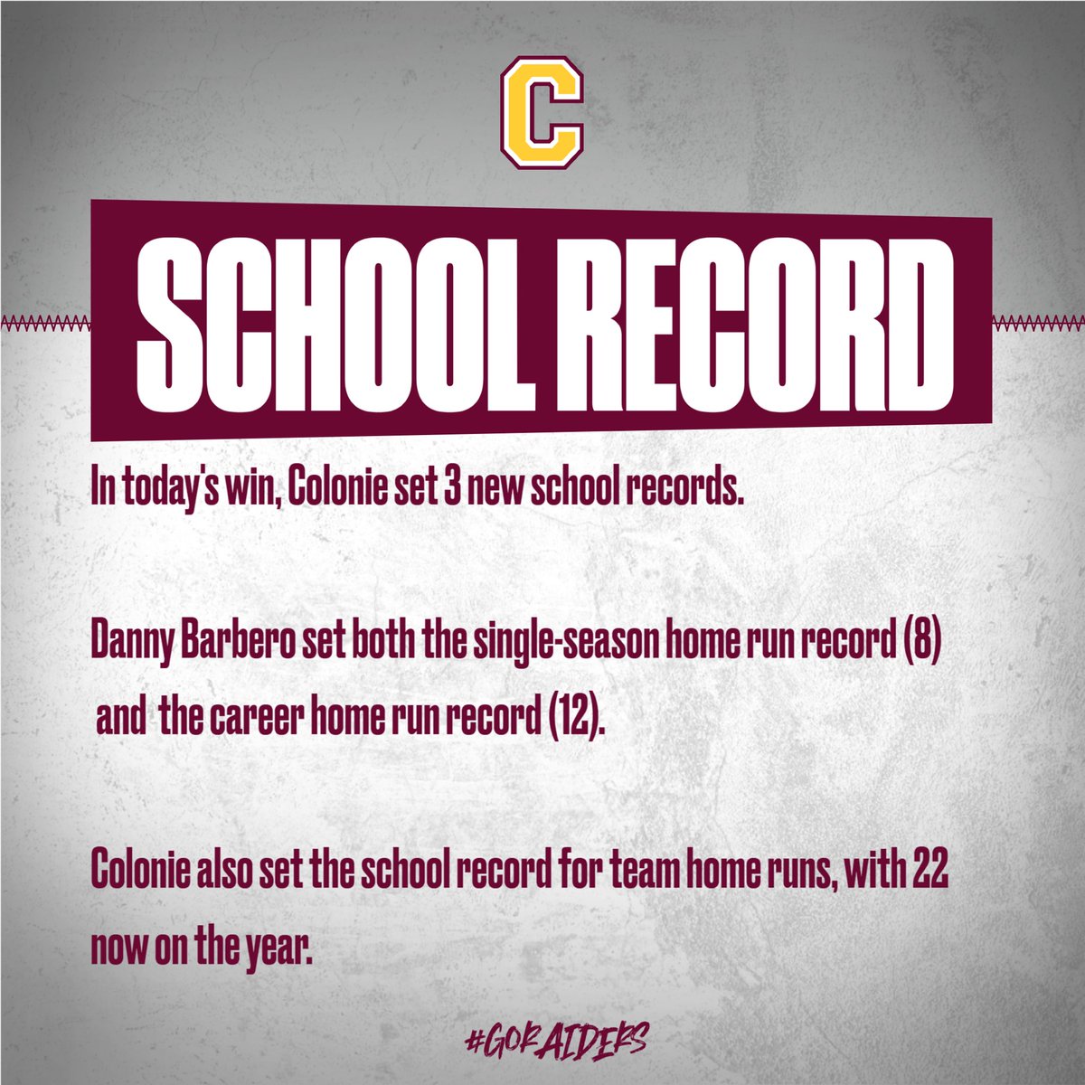 ColonieHSBB's tweet photo. Colonie set 3️⃣ school records today❗️

• Season Home Runs: Danny Barbero (8)

• Career Home Runs: Danny Barbero (12)

• Team Home Runs: 22 

#𝘎𝘰𝘙𝘢𝘪𝘥𝘦𝘳𝘴 https://t.co/6bv09WmzEf