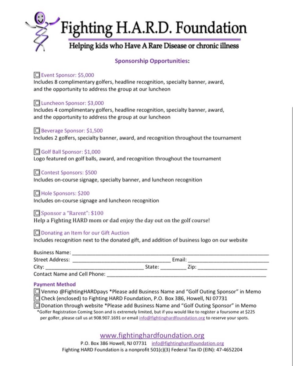 Jcrocker23's tweet photo. It’s golf outing time! @FightingHARD2 is having our second annual golf outing on August 9th. We sent 120+ sponsorship letters this past weekend! Please share the information below if you know of any local business who may want to sponsor ☺️ We are planning on a sold-out event! https://t.co/PBFpPKDNzo