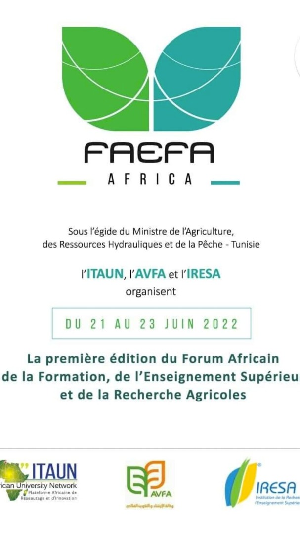 clusterdafrica's tweet photo. FAEFA'22 à la Cité des sciences à Tunis ,
La première édition du Forum Africain de la Formation, de l'Enseignement Supérieur et de la Recherche Agricoles, sous l'égide du Ministre de l'agriculture, des Ressources hydrauliques et de la pêche, du 21 au 23 juin 2022.
#faefa #ITAUN https://t.co/5p9Nytqixn