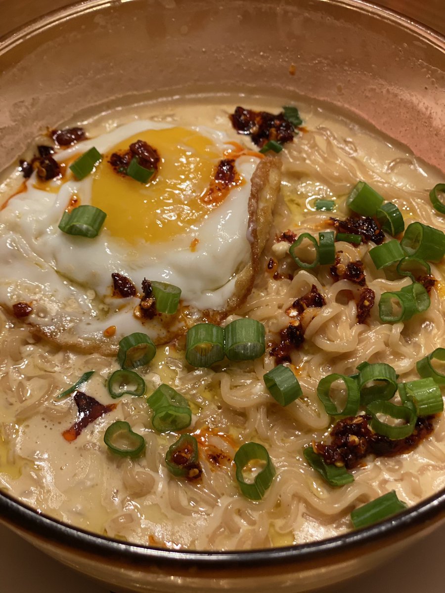 Late night ramen, chilli crisps green onions and fried egg