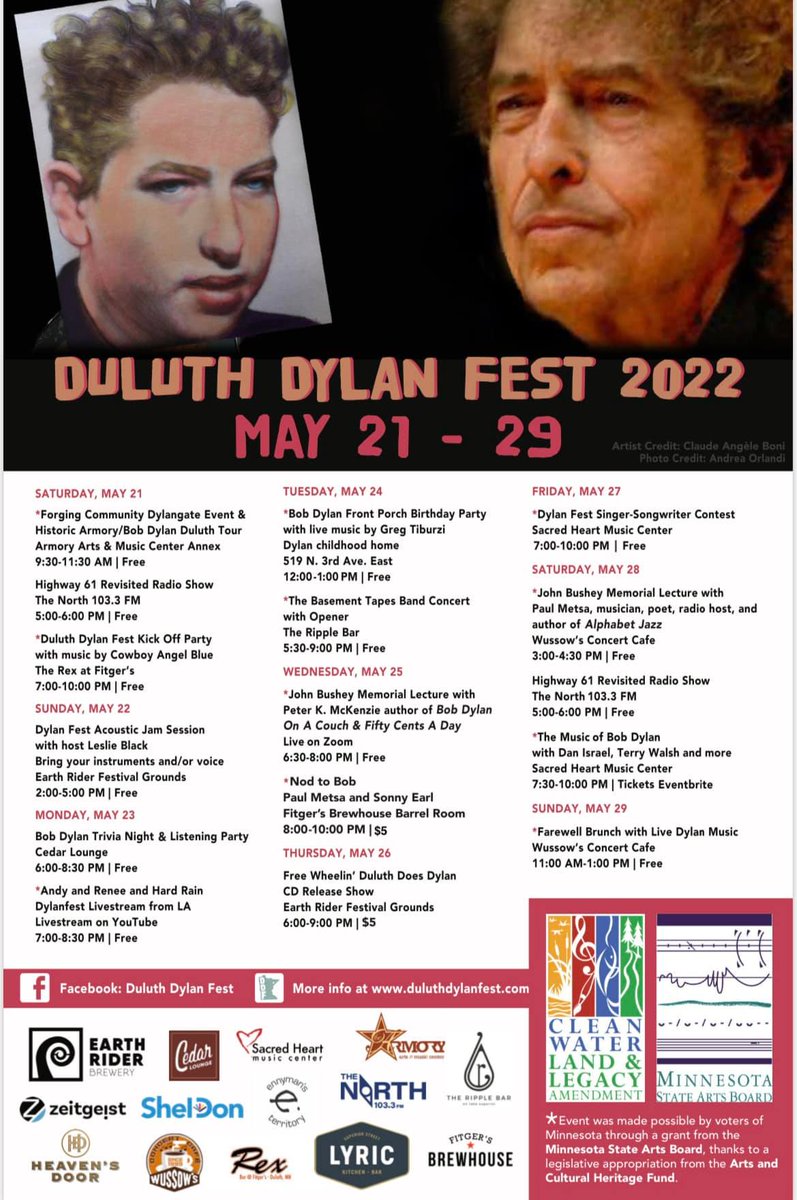 magicmarcprod's tweet photo. Seven Days until @dylan_fest 2022! MAY 21-29 @DuluthArmory @TheNorth1033FM @RexBar1 @CedarLoungeBeer @RidingNumber9 @PaulMetsa @SacredHeartMus @DanIsraelMusic @belfastcowboy @wussows_coffee @heavensdoorwsky @MisisipiMike https://t.co/beUmpdEFcN @jeffslate>https://t.co/OgjYm0fTGM https://t.co/dSXI51sW42