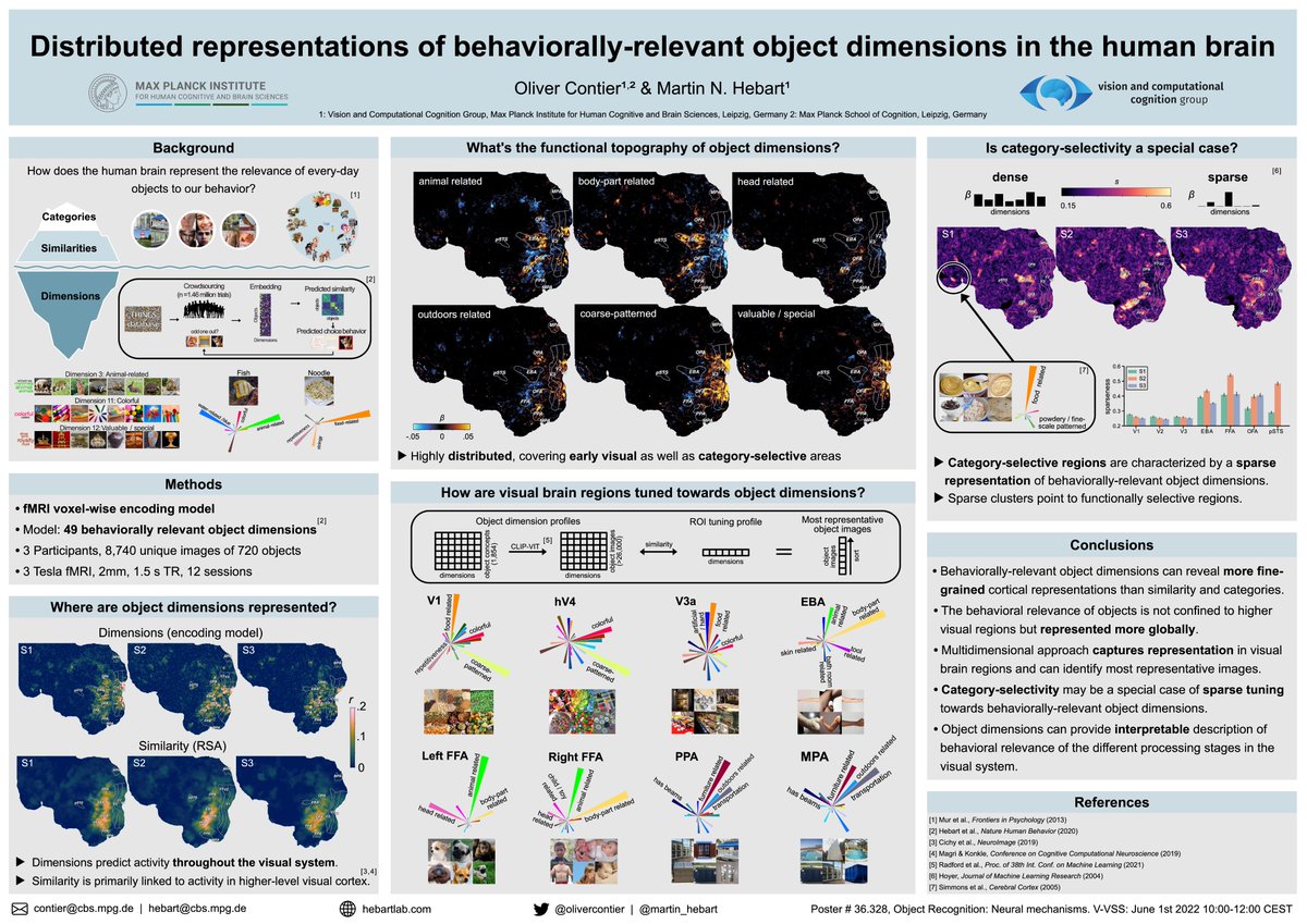 Interested in how the brain represents the relevance of every-day objects to our behavior? 

Visit us! In our poster at #VSS2022, @martin_hebart and I explore the neural representation of object dimensions underlying perceived similarities.
(tomorrow afternoon Banyan Breezeway)