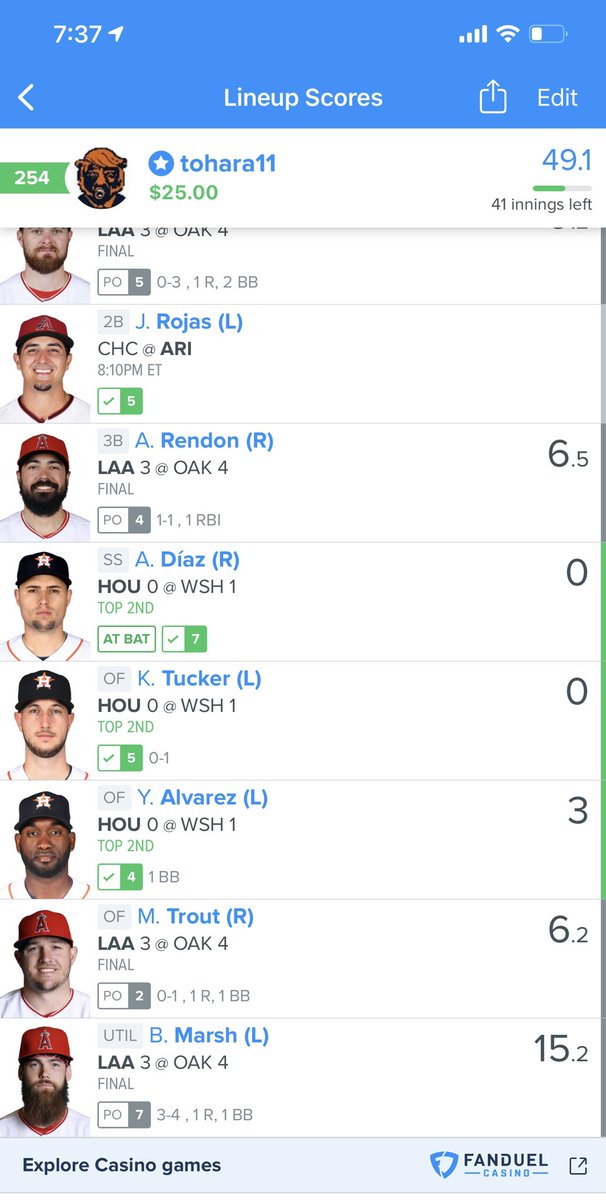 tomohara93's tweet photo. @FanDuel_Support I have entries in the mlb main slate and can’t swap out any Angels players. It’s locked and says the game is final. Oakland won 4-3 somehow without the game being played yet lol. https://t.co/cXDUqG2L93