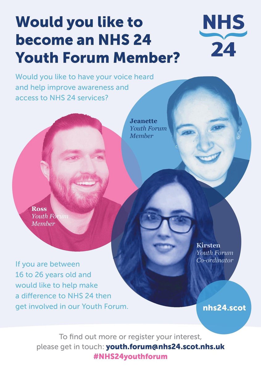 SophieRoss28's tweet photo. 💙Aged between 16-26
💙Interested in making a difference to health and wellbeing services.

Why not join @NHS24 youth forum and be part of making a difference to health services.

If interested just email the below email to find out more💙
📨 youth.forum@nhs24.scot.nhs.uk https://t.co/J7JXqT76IF