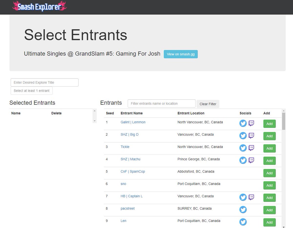 SmashExplorer's tweet image. Introducing - Smash Explorer! Follow your friends at a tournament, check upsets, or visualize seeding.

Want to learn more? Visit smashexplorer.gg/FAQ!

In the meantime, use this link to follow Canada's best at Back in Blood 4 Top 32 tonight. Have fun! smashexplorer.gg/Explore/canada…