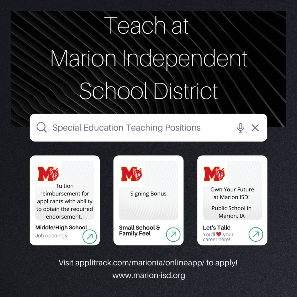 We have open teaching positions! Join our team. Learn more about us at marion-isd.org and apply @ applitrack.com/marionia/onlin…
#MISDinspire #MISDOwnYourFuture