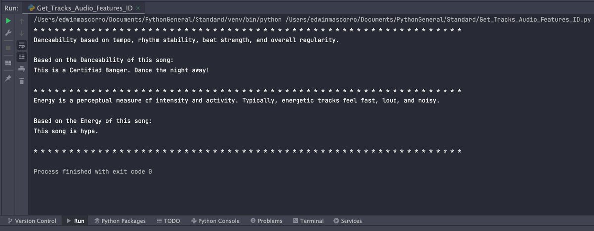 EdwinM201's tweet image. Captain's Log, Update 005:
We're going places. Idk where, but we're going somewhere. So cool that @SpotifyPlatform gives us access to a lot of hidden data. Next step going forward, have it sort the tracks in my playlist based on these values.👨💻🎵
#Python #SpotifyAPI #PyCharm