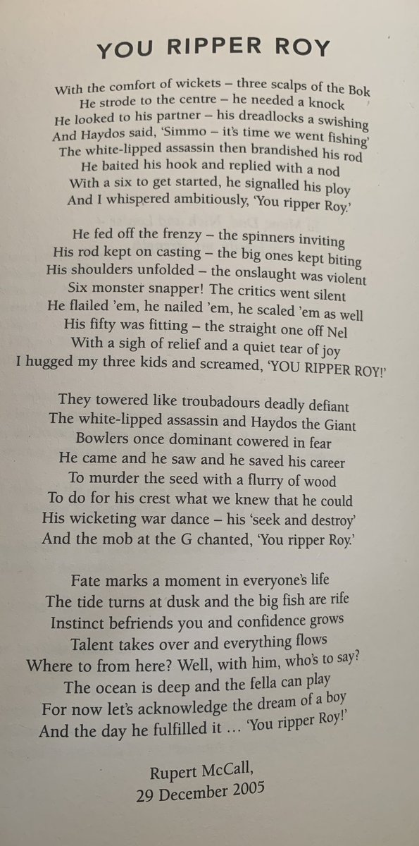 LMcKirdy7's tweet image. Found my copy of Roy’s autobiography. 

In one of the front pages, this wonderful poetic tribute to Andrew Symonds by Rupert McCall.