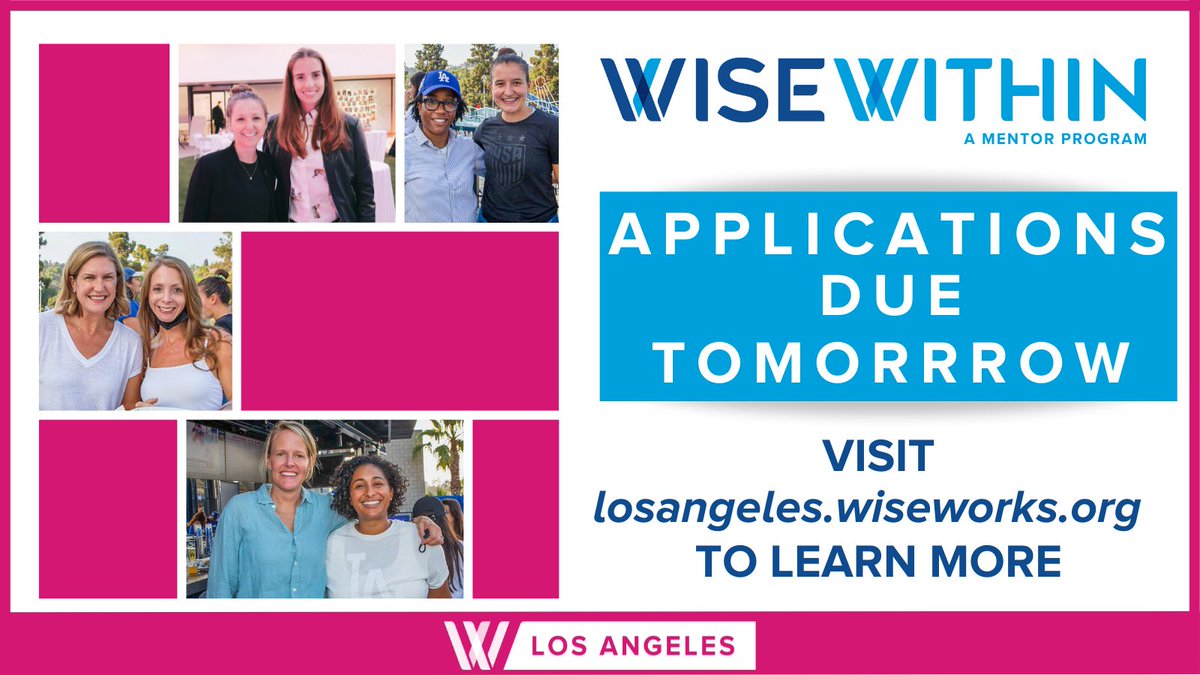 WISELosAngeles's tweet photo. 🚨 APP UPDATE 🚨
There is ONE more day left to apply for 
LA’s #WISEWithin mentorship program!

1:1 with #sportsbiz leaders? ✅ 
Exclusive resources? ✅
Professional development? ✅

And much more!

Apply here by TOMORROW ➡️ https://t.co/p8t6PKJ7Ln https://t.co/uQznebQCAP
