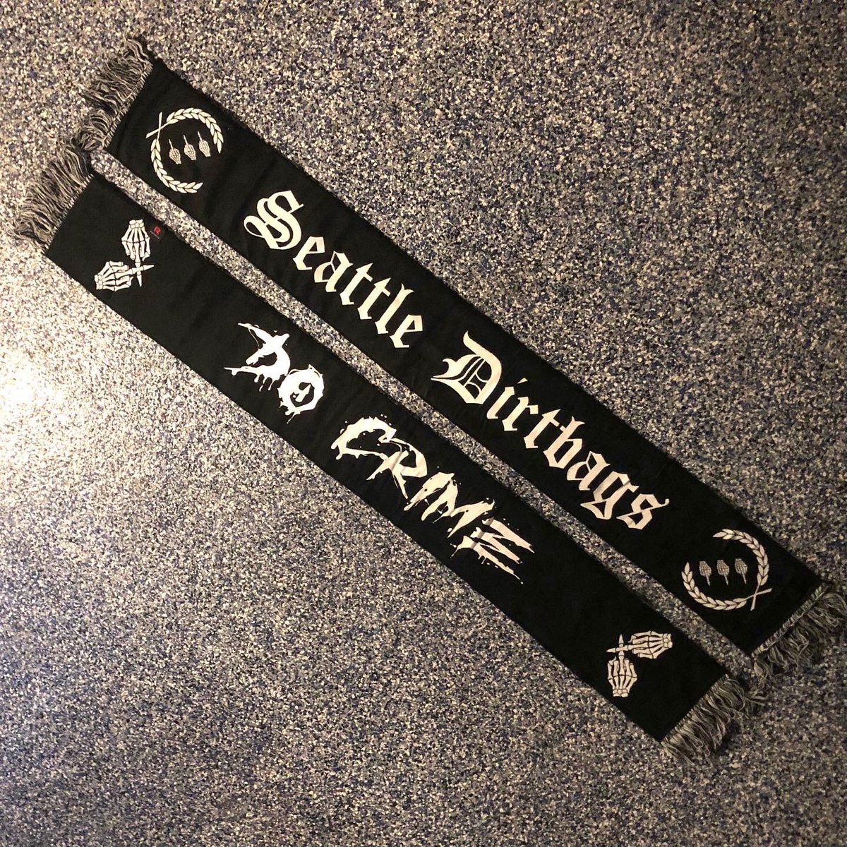 SeattleDirtbags's tweet photo. Debuted at the Concacaf Champions league final, our new Scarf! DO FUCKING CRIME! With our take on the #IronFront proudly displayed.  #SEATTLE! #SoundersFC #Sounders #SayFucking

#SeattleDirtbags #DoCrime #CallYourMom #DickBites #EBFG #AntiFascist #AntiRacist #AlwaysDirtbags https://t.co/XS4AFgajut