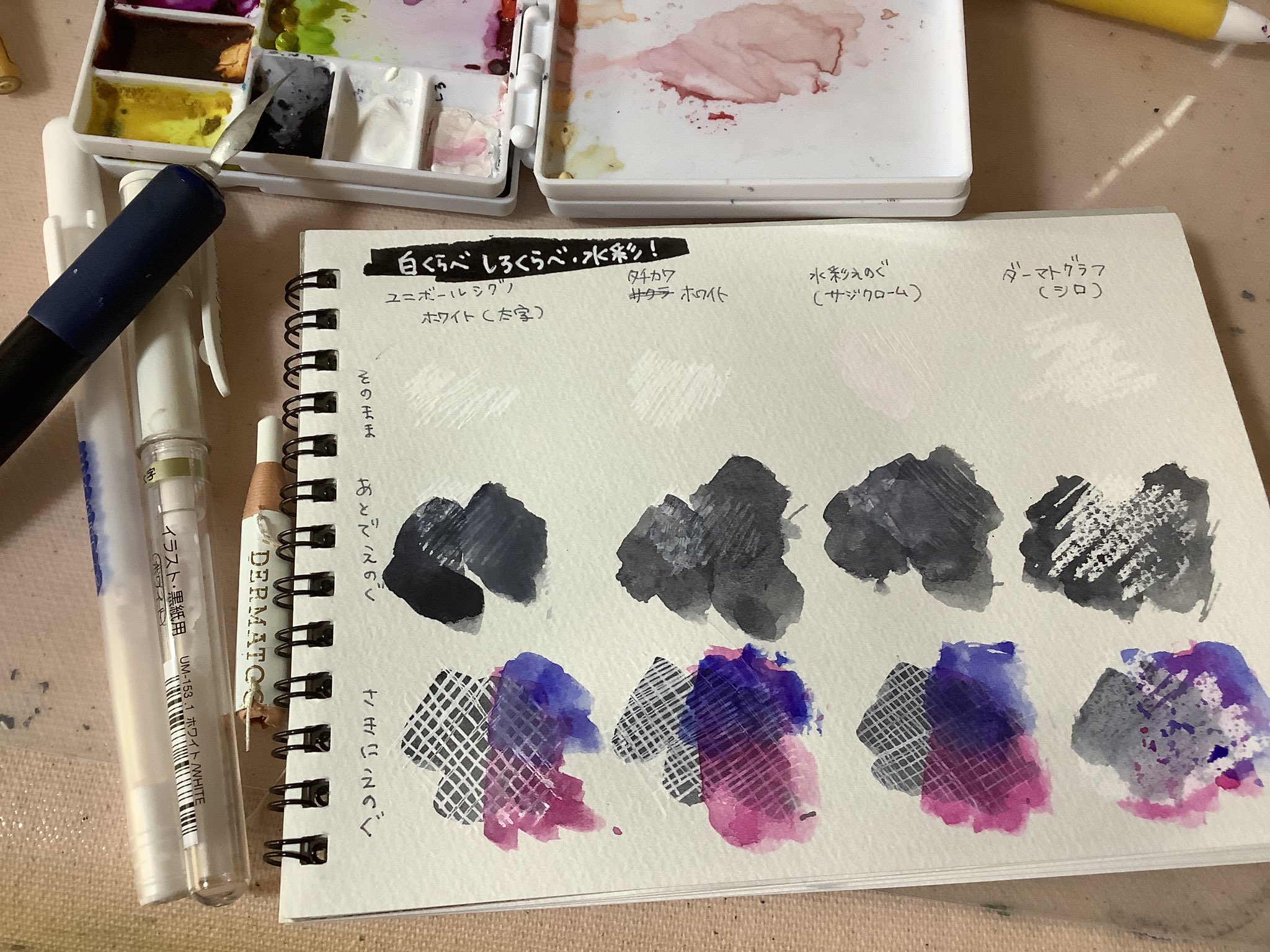 李羽orうるいあ 水彩と共に白比べ ユニボールシグノの白 タチカワホワイト サクラの絵の具白をサジペン ダーマトグラフ 重色で色は混ざるけど タチカワは混ざらないっぽい ダーマトグラフは安定のマスキング ユニボールはマットになる つけペンに