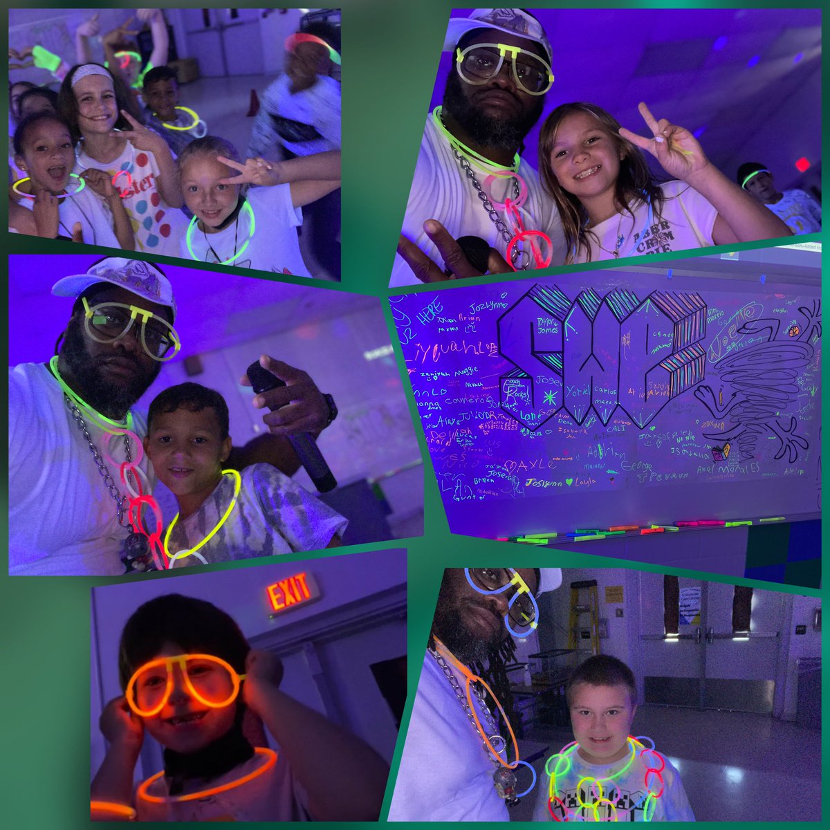 C0achJ's tweet photo. School wide Glow Party. Took 3 days to see every class. Had a blast and the kids all loved it… but DJ Glow is tired. @MCPSWellnessPE big thanks for the guest appearances 
🥱 😂 🎶 
@SWETornadoes #pecoachlife #glowparty #incentives #danceparty https://t.co/xtrCvLxBYV