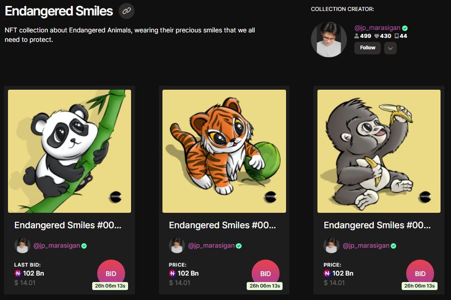 Now available at auction, for 102 Bn starting bid. Only at Enter.Art (<a href="/EnterNFT/">enter - NFT ecosystem ✨</a>). 

ES #001 - Panda, bid by <a href="/LuvcraftArt/">luvcraft.art</a> 
ES #002 - Tiger, No bid yet. 
ES #003 - Gorilla, No bid yet. 

#EnterNFT #nftart