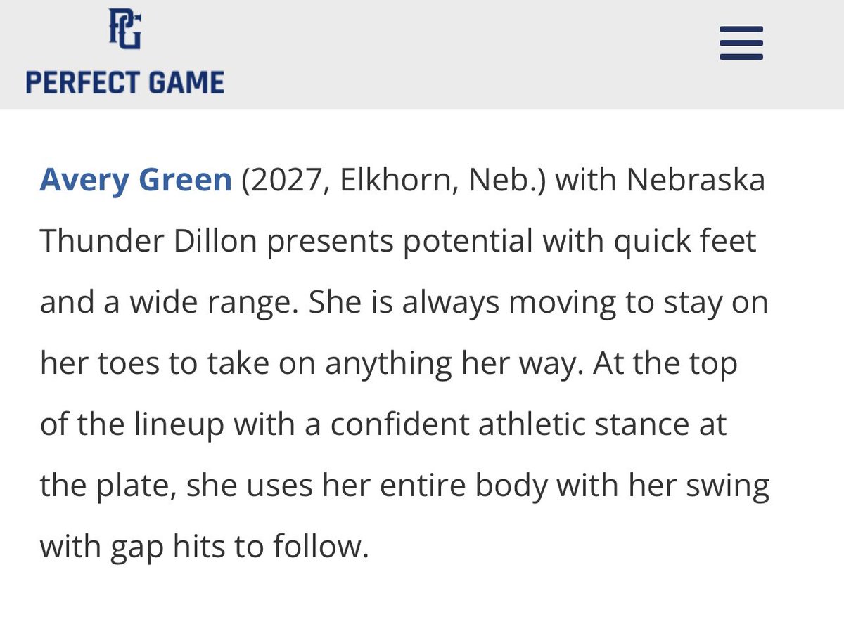 Nebraska Thunder National 17u Dillon (@nethunderdillon) on Twitter photo Shoutout to <a href="/KennaCarroll45/">McKenna Carroll</a>, <a href="/ellerydillon_/">Ellery Dillon</a>, and Avery Green on making the PG scouting report for last weekend’s tournament in KC. <a href="/PG_Softball/">Perfect Game Softball</a> <a href="/UFAThunder/">Nebraska Thunder</a> #softball Shoutout to <a href="/KennaCarroll45/">McKenna Carroll</a>, <a href="/ellerydillon_/">Ellery Dillon</a>, and Avery Green on making the PG scouting report for last weekend’s tournament in KC. <a href="/PG_Softball/">Perfect Game Softball</a> <a href="/UFAThunder/">Nebraska Thunder</a> #softball
