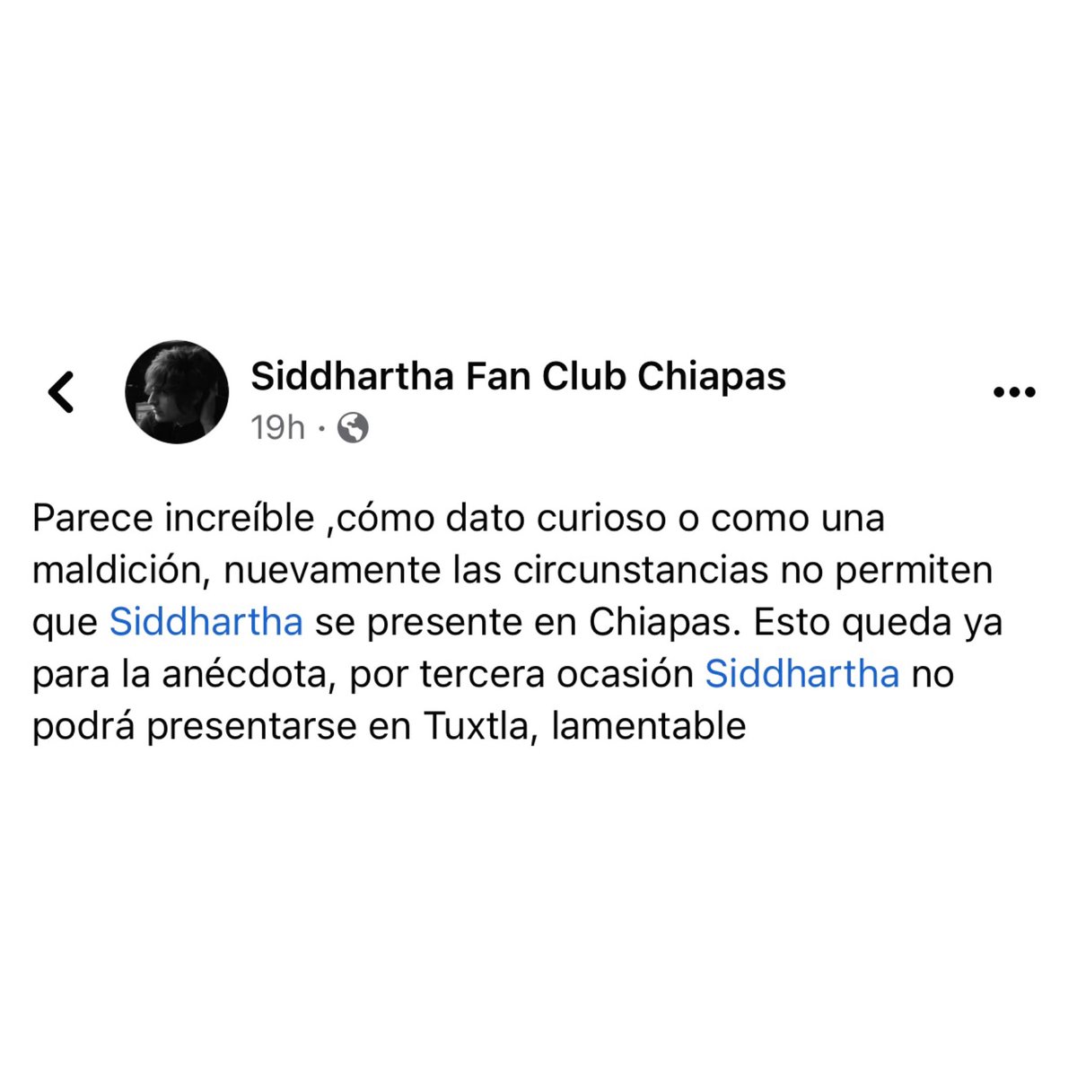 SiddharthaChart's tweet photo. Siddhartha se lamenta, por la clausura del show de hoy: 

“Lo siento amigos, tendremos que romper esa maldición con un show que compense a todos”

— Vía Facebook. https://t.co/yujFyrOzih
