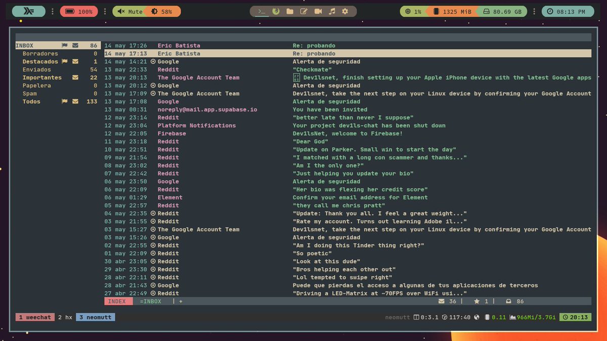 dev1lsconf's tweet photo. #neomutt #email #lua #cli #terminal #arch #xmonad https://t.co/UuPNJcNeN8