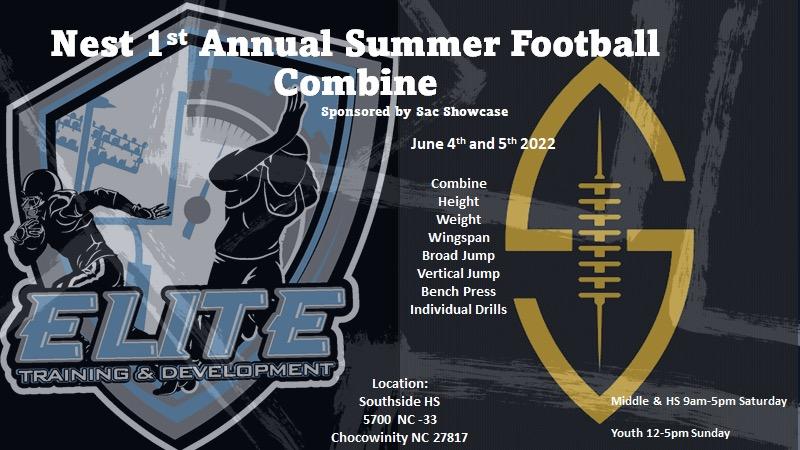 🚨I Repeat it’s going down in the 252, June 4th-5th, The NEST 1st Annual Summer Football Combine🚨
Pre registration starts now you can email Coach Brandon Blount combine director at Elitetrainingdevelopment1@gmail.com