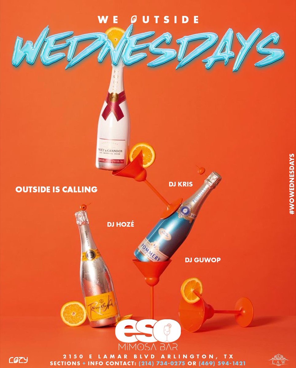 LAW578_'s tweet photo. COZY + LAW 
From Pretty Wednesday to We out Wednesday 
•
•
•
 Drink specials, Sections, &amp; Hookah 
#wowednesday #arlingtontx #esomimosabar https://t.co/HfPr7XEqI2