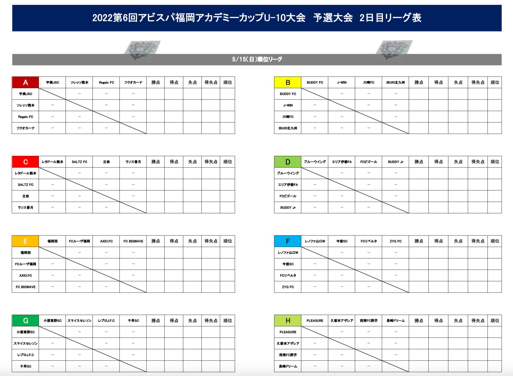 アビスパ福岡サッカースクール 5 15 U 10大会情報 22第6回アビスパ福岡アカデミーカップu 10大会 予選大会2日目 2日目のスケジュール Amp リーグ表 本日 本戦に出場するチームが決定します アビスパカップ T Co 5uzkzqmghe