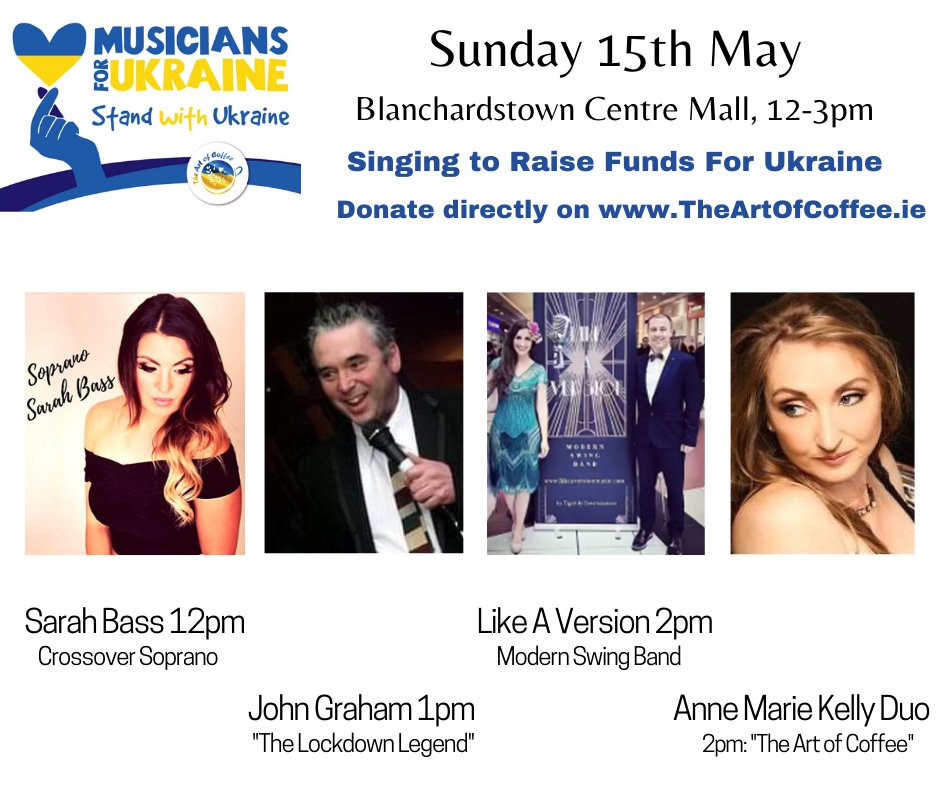stellabass's tweet photo. Irish #MusiciansForUkraine continue to show their support in Ukraine's time of need, by singing Sunday from 12-3pm in Blanchardstown Centre. https://t.co/ekYuKjv8Km