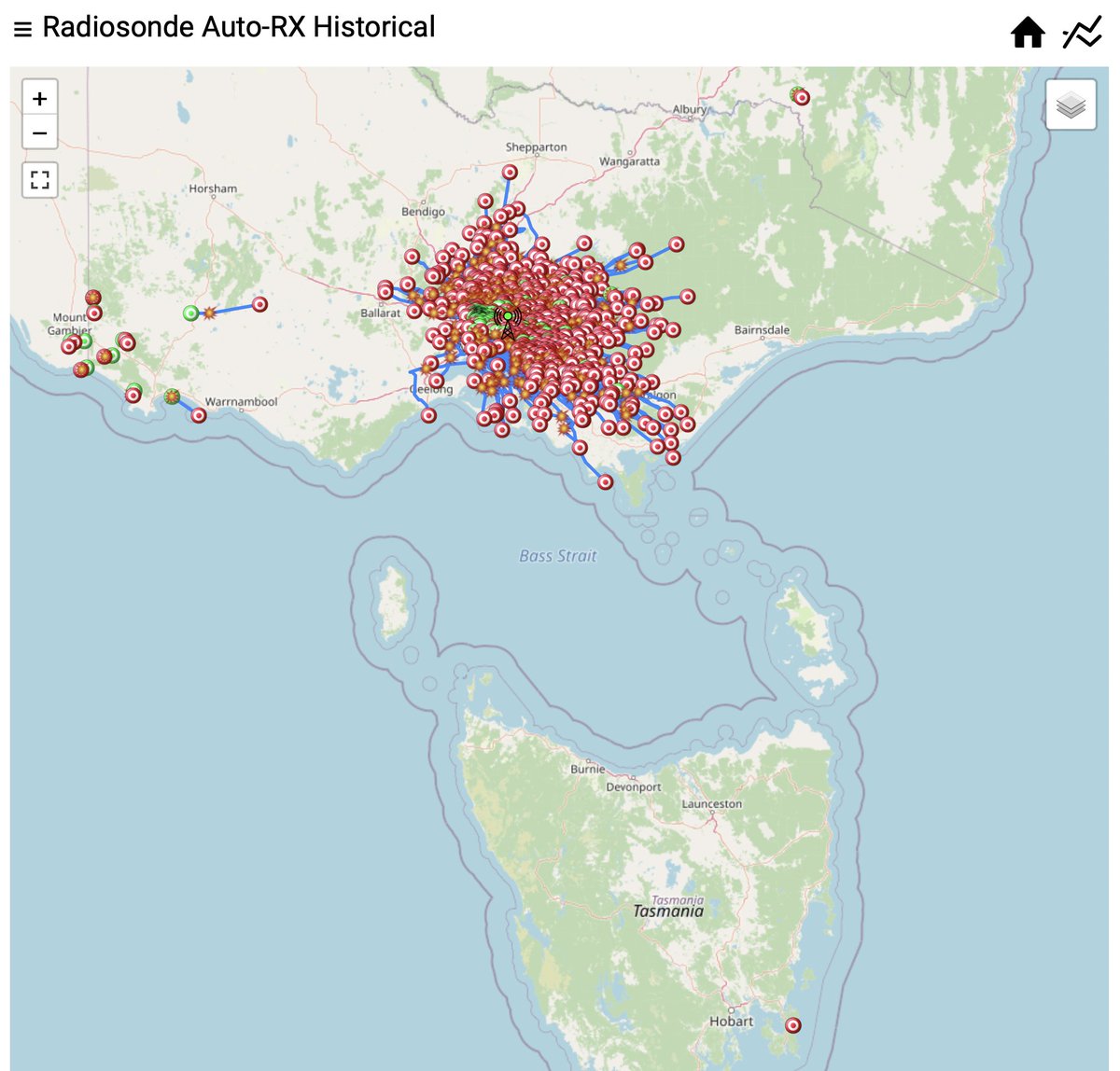 asphotos's tweet photo. Swapped the #PiZero1W to a #PiZero2W on the #radiosonde receiver, and with my extra processing power decided to plot ~6months of data from my roof. Even some decodes from hobart! #hamradio https://t.co/iGS1KuRmjv