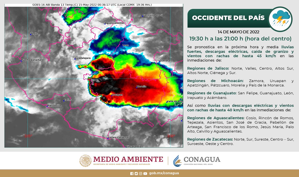 conagua_clima's tweet photo. Se pronostican #Lluvias fuertes en zonas de #Jalisco, #Michoacán y #Guanajuato,  con #DescargasEléctricas y #Rachas de #Viento. 

Lluvias ligeras en regiones de #Aguascalientes y #Zacatecas. https://t.co/X34Rj3CQ1f