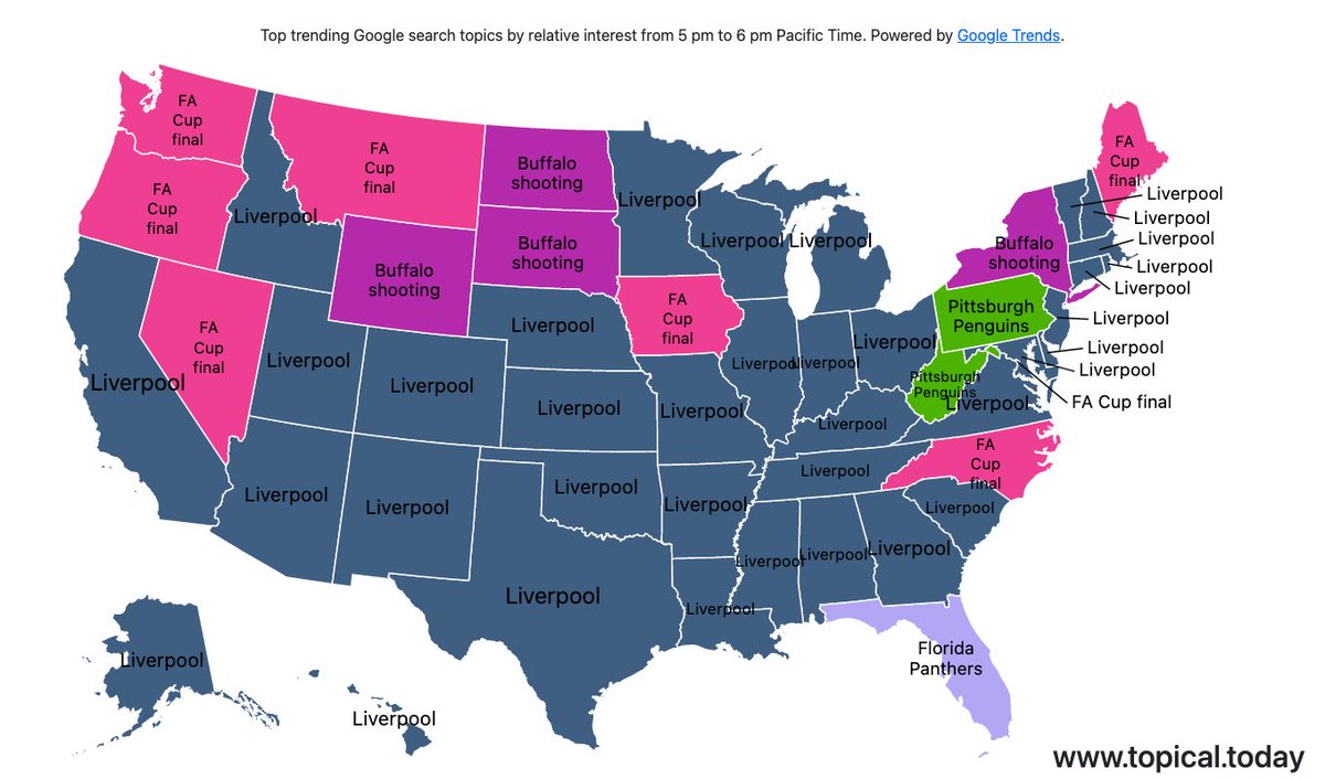 Top Google Trends in the United States by relative interest in each state over the last hour. #Buffaloshooting #Liverpool #PittsburghPenguins #FloridaPanthers #FACupfinal Live map at https://t.co/3Fz1e2iXth https://t.co/4BO5qjb3zZ