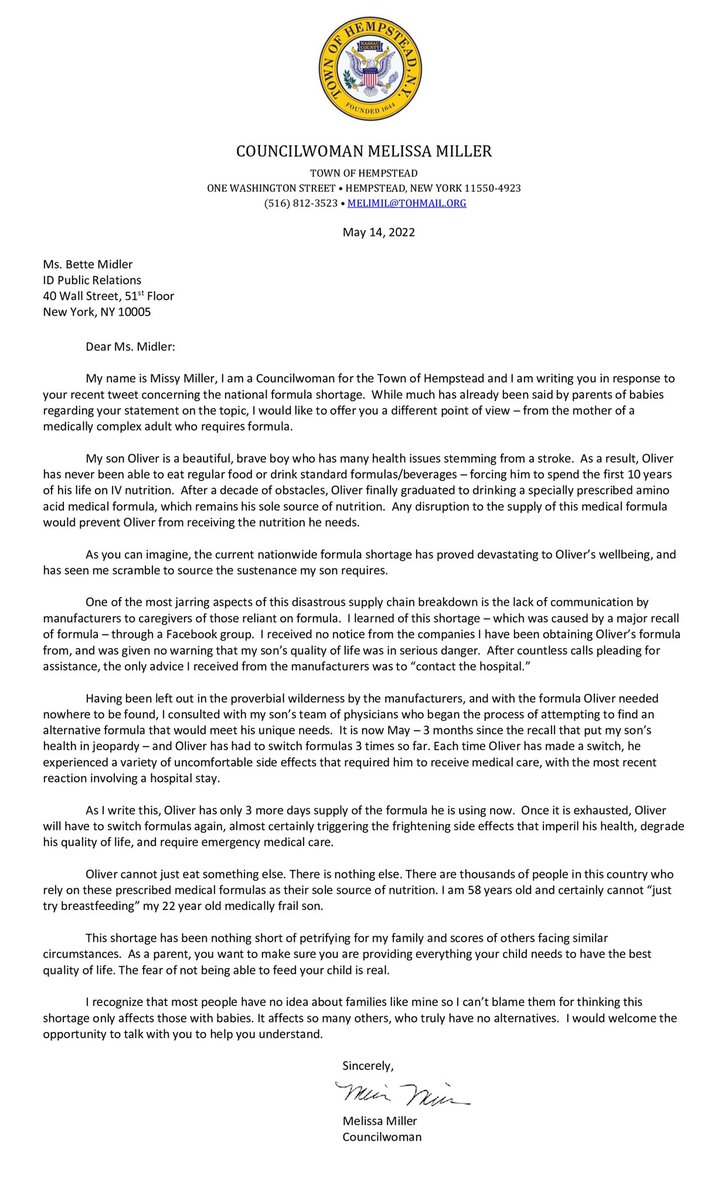 My letter to @BetteMidler regarding the formula shortage. It’s not just babies affected.