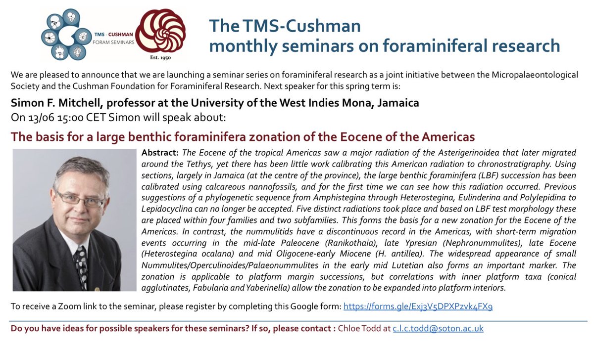 CushmanFdn's tweet photo. We are pleased to announce that we are launching a seminar series on foraminiferal research as a joint initiative between @MicropalaeoSoc and @CushmanFdn 
1/3 https://t.co/4oCKLuyoFv