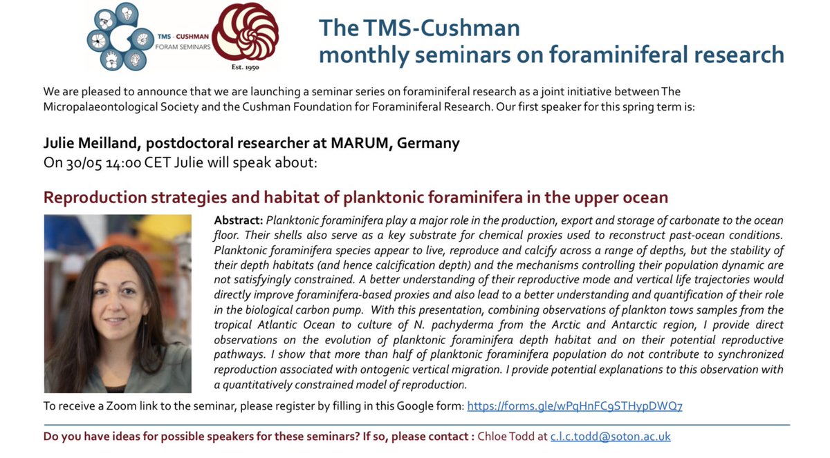 CushmanFdn's tweet photo. We are pleased to announce that we are launching a seminar series on foraminiferal research as a joint initiative between @MicropalaeoSoc and @CushmanFdn 
1/3 https://t.co/4oCKLuyoFv