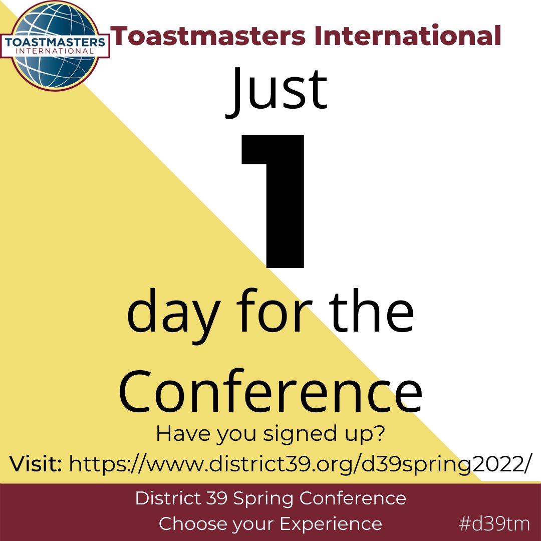 d39tm's tweet photo. Have you Signed up for the District 39 Spring Conference Just one day before it begins! https://t.co/MUOoNyjtj6
#D39tm #Toastmasters #Confidence #SpeechContests https://t.co/QWJ1kQkBhe