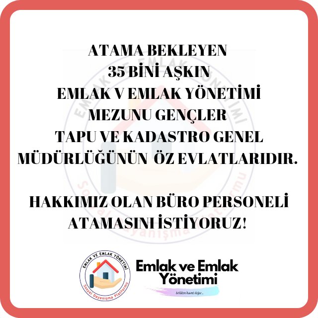 Sayın Yetkililer, <a href="/tkgmgovtr/">Tapu ve Kadastro</a> 'ya atanmak için okuduk. #emlakveemlakyönetimi
mezunları, Tapu ve Kadastro Genel Müdürlüğünden 1️⃣0️⃣0️⃣0️⃣ sözleşmeli büro personeli ataması bekliyoruz. 
<a href="/osibay61/">ömer sinan</a> <a href="/sonertufanoglu/">Soner Can TUFANOGLU</a> <a href="/tanerduzgoren/">Taner DÜZGÖREN</a> <a href="/fethigurer/">Ömer Fethi Gürer</a> <a href="/tanerduzgoren/">Taner DÜZGÖREN</a> @MzyenSEvkin <a href="/BY/">Binali Yıldırım</a> @arzuerdemDB