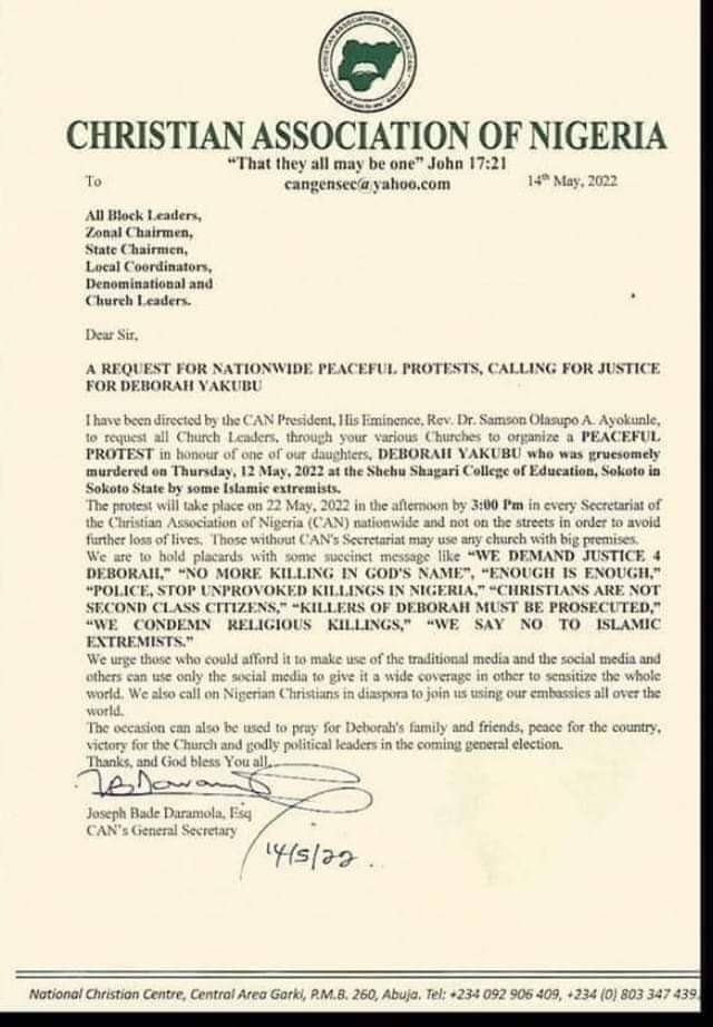 SharadaAdam's tweet photo. To the Christian Association of Nigeria (CAN), any attempt of protest against those who killed Deborah in Sokoto in another slap on the face of Nigerian Muslims! Government should take an emergency measure against escalation of Religious conflict in the country. #AdamSharada https://t.co/Q8bpjFGMcz