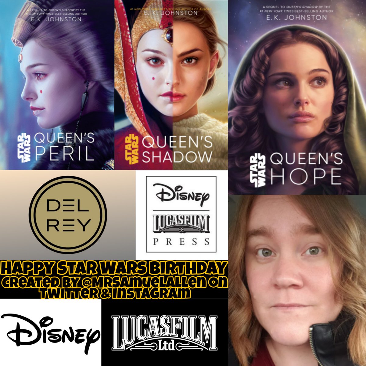 MrSamuelAllen's tweet photo. Happy 38th Birthday to @ek_johnston, she's the author of novels #Ahsoka, #QueensShadow, #QueensPeril, #QueensHope. She also co-wrote the story #ByWhateverSun with @HerUniverse which appeared #FromACertainPointOfView. May she have a good one. https://t.co/Rc1xYxVtVk