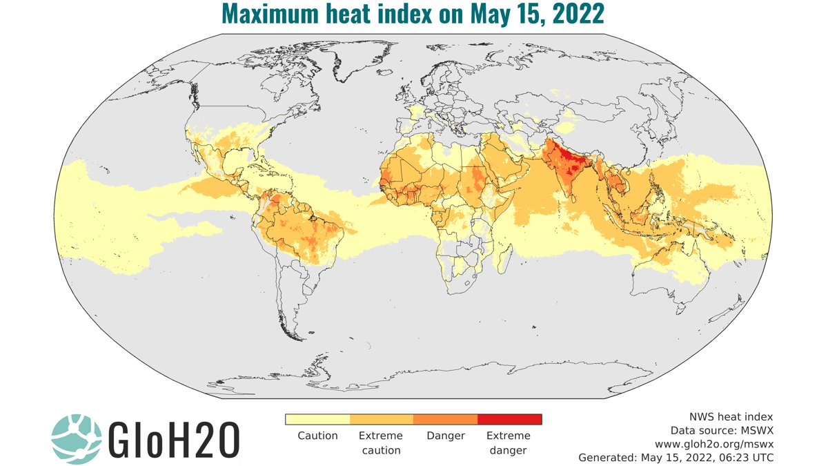 Intense heat wave continuing in India and Pakistan. Red indicates areas with apparent temperature >51 °C (>124 °F).