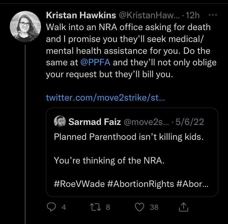 Hey, <a href="/KristanHawkins/">Kristan Hawkins</a> <a href="/LilaGraceRose/">Lila Rose</a> <a href="/AbbyJohnson/">Dr. Abby Johnson</a> tell us more about murder and how pro-life you, and the NRA, are. #Buffalo