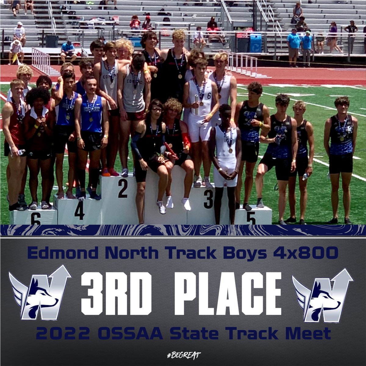 Congrats tp the Edmond North Boys 4x800 Relay Team of Gavin Bacus, Colby Moore, Victor Gitonga, &amp; Carson Royse for finishing in 3rd Place at the 2022 6A State Track Meet! #HuskyNation #beGREAT <a href="/ENorthTrack/">ENTF</a>