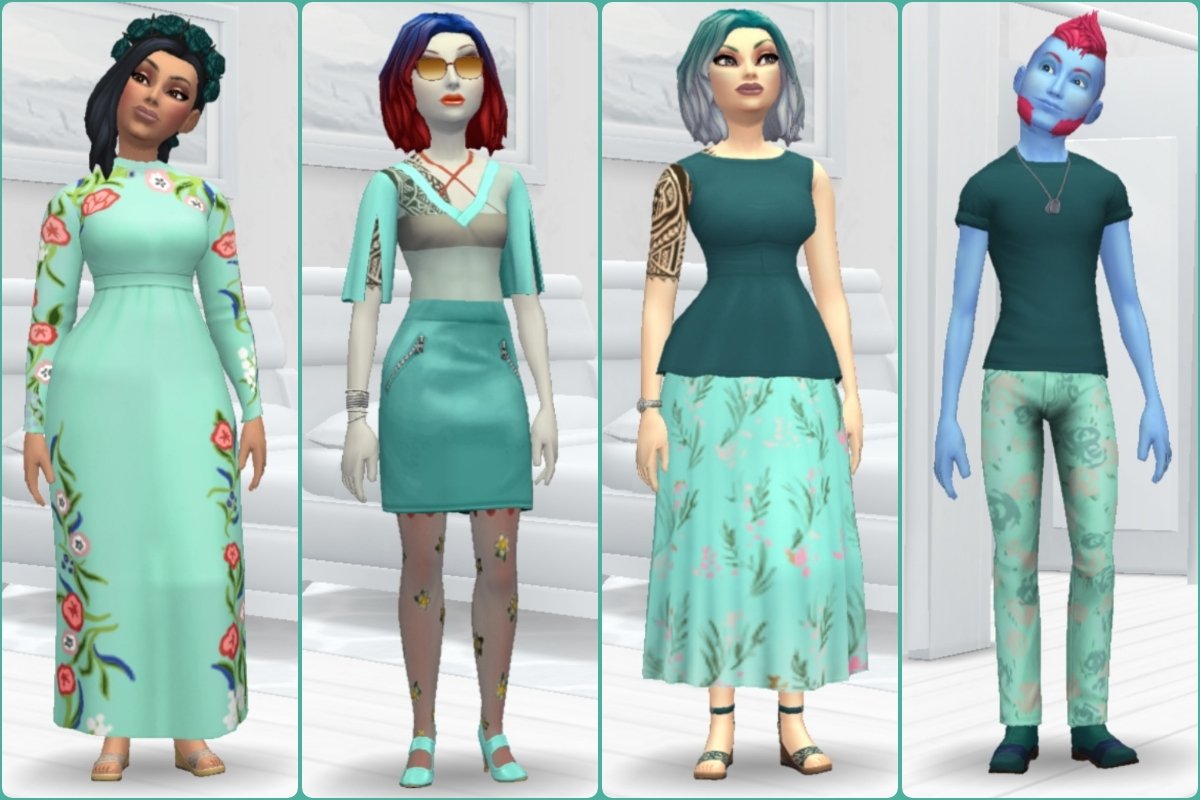 rrriot_kitty's tweet photo. Doja Cat, Skye, Zoe and Kai dressed for the #FavoriteColorChallenge on Reddit. My favorite color is all shades of sea green, so I used both dark and light in my color choices in this challenge. @TheSimsMobile #ShowUsYourSims #rrriotkittysims https://t.co/OPOF2Wto8t