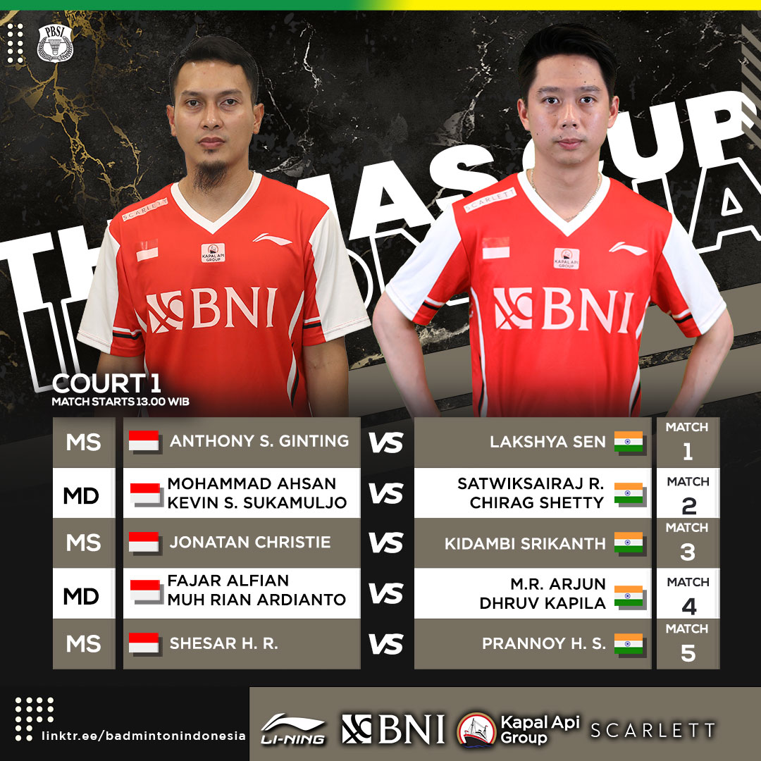 INABadminton's tweet photo. Final day!

Berikut line up Indonesia 🇮🇩 vs India 🇮🇳

Pukul 13.00 WIB live di MNC TV dan iNews TV.

Ayo Merah-Putih! Bisa!

#BadmintonIndonesia #ThomasUberCup2022 #TUC2022 #ThomasCup2022 https://t.co/Mho2ESw9A7