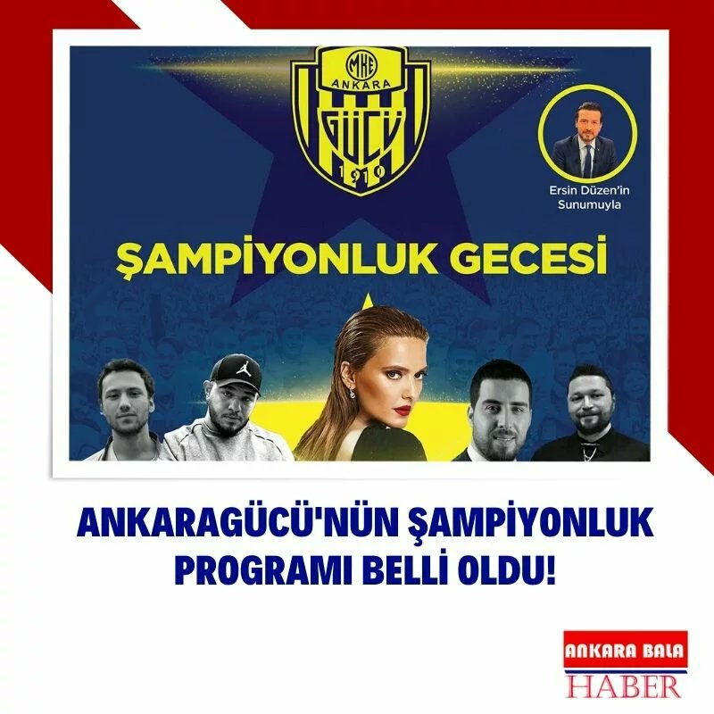 Spor Toto TFF 1. Lig'den Süper Lig'e çıkan MKE Ankaragücü'nün şampiyonluk programı belli oldu. 19 Mayıs Stadı'nda Ersin Düzen'in sunumuyla gerçekleşecek etkinlikte Ankara ekibine; Demet Akalın, Mustafa Taş, Tolga Duman, Ahiyan ve Evren Deka eşlik edecek. #Ankara #ankaragucu