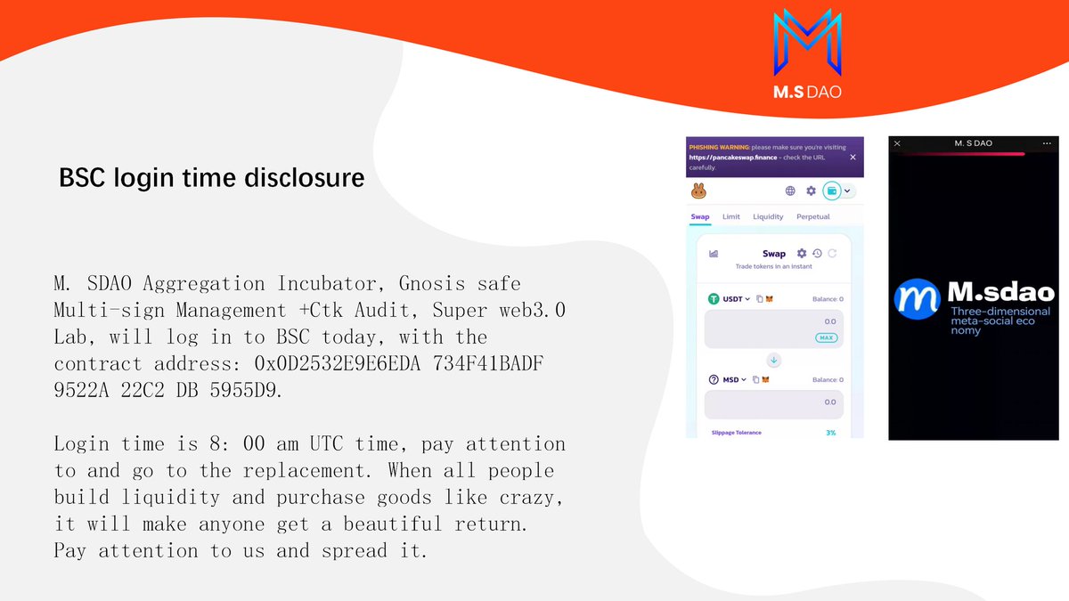 CMSck369's tweet photo. M.S DAO Global web3.0 Super Lab, BSC login time disclosure, anyone in the world should pay attention to and purchase goods at the first time, please keep paying attention to us, and Eco DAPP will be logged in and applied in the near future. https://t.co/QnyUvqmPrZ