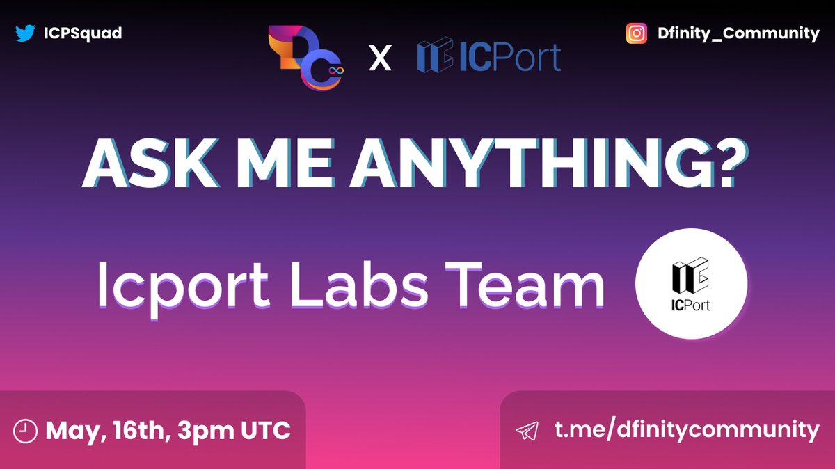 ICPSquad's tweet photo. MEGA AMA 8 #NFT + $200 giveaway with @ICPORT_Labs!!! 🥳🎉🎁

Rules:
✅ Retweet this
✅ Follow @ICPSquad &amp; @ICPORT_Labs
✅ Tag 3 friends and write your question below 👇

🎁 Prizes: 4 NFT + $100 twitter, 4 NFT + $100 telegram
📆: MAY 16th 3PM UTC
📍: https://t.co/q3KUMzZOyh https://t.co/igbIRlYhql