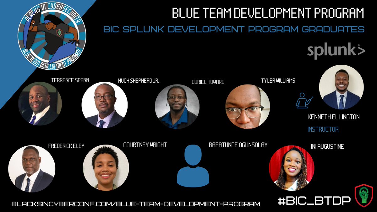 BlackInCyberCo1's tweet photo. Congratulations to our latest BTDP #Splunk Program Graduates! 🎓📘💻 

👨‍🏫Instructor: Kenneth Ellington

#BlacksInCyber #BIC_CTF #BICBLUETEAM  #BIC_CLADP #BlacksInCybersecurity #BlackInCyber #BlackInCybersecurity #BIC_BTDP https://t.co/HTJpmpyEHN