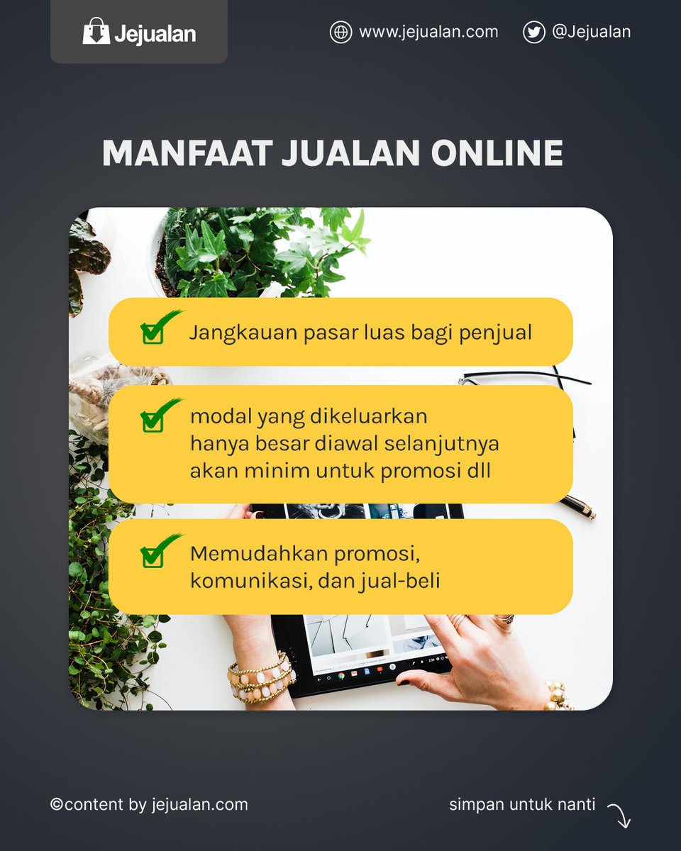 Jejualan's tweet photo. Masih ragu sama jualan online? 

Coba cek gimana manfaatnya buat bisnismu. 

#JualanPakaiJejualan #KancaJejualan #Marketing #bisnisanakmuda #bisnisberkah #Websitetokoonline #Manfaatjualanonline #jualanonline https://t.co/q95NsJvyB4