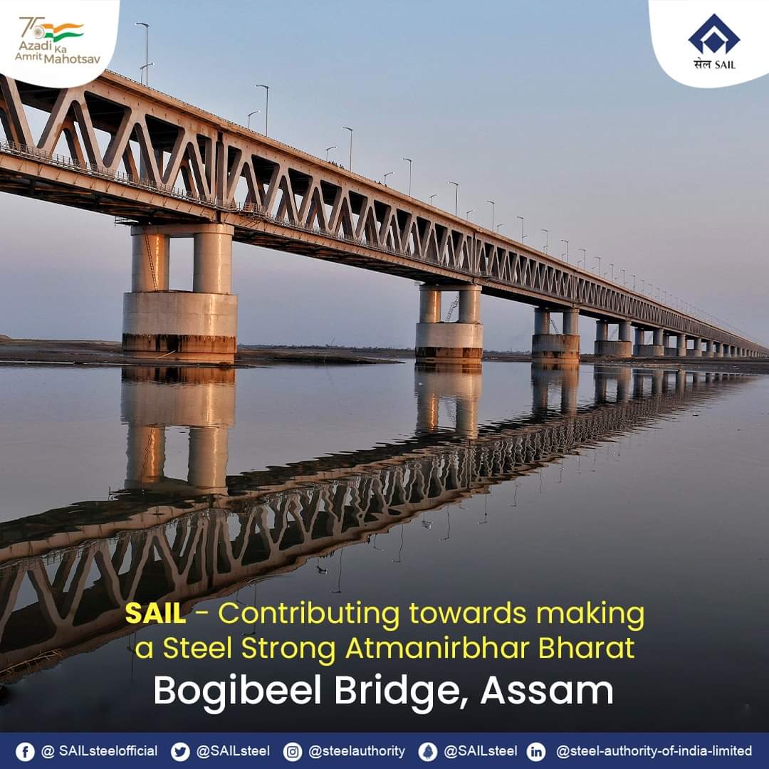 SAILsteel's tweet photo. Asia’s second-largest and India's longest rail-cum-road bridge, Bogibeel Bridge connects the south bank of the Brahmaputra river in Assam’s Dibrugarh to Silapathar in Dhemaji bordering Arunachal Pradesh. 

(1/3) https://t.co/5oWZY6zUuA