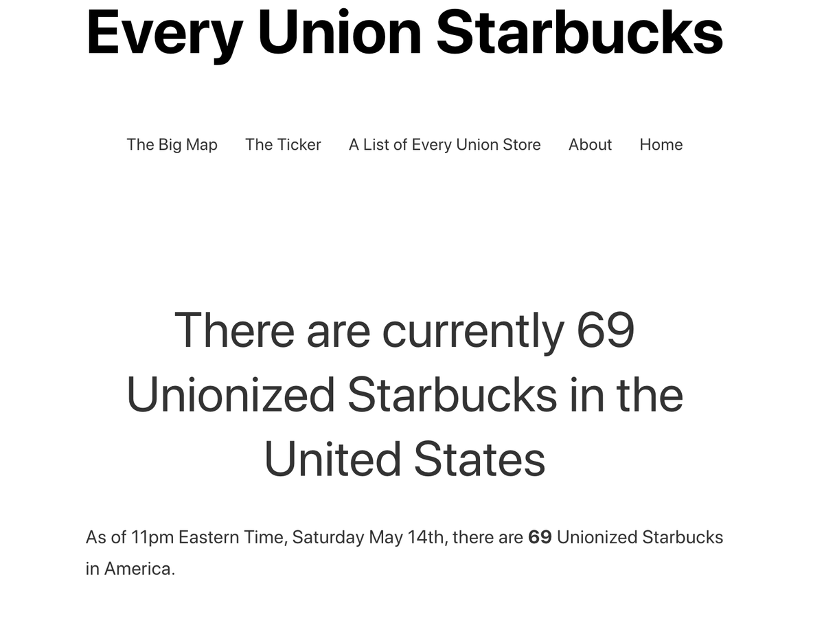 everyunionsbux's tweet photo. There are currently 69 Unionized Starbucks in America! https://t.co/sxOa69LDVm