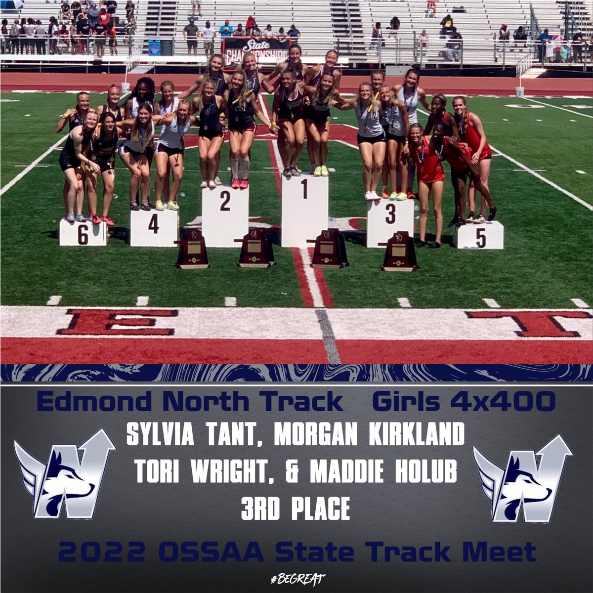 Congrats to the Girls 4x400 Relay Team of Sylvia Tant, Morgan Kirkland, Tori Wright, &amp; Maddie Holub on finishing in 3rd place at the 2022 6A State Track Meet! #HuskyNation #beGREAT <a href="/ENorthTrack/">ENTF</a>